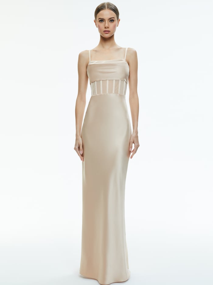 VALENTINA DRAPED CORSET MAXI DRESS - ALMOND - Alice And Olivia