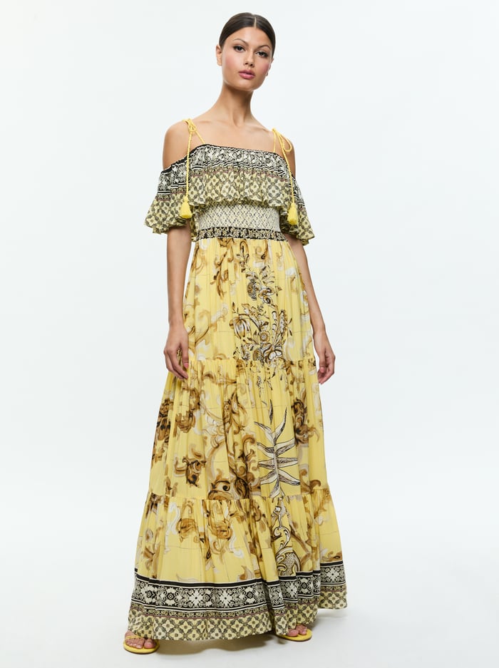 KIA OFF THE SHOULDER TIERED MAXI DRESS - LISBOA LEMON MERINGUE - Alice And Olivia