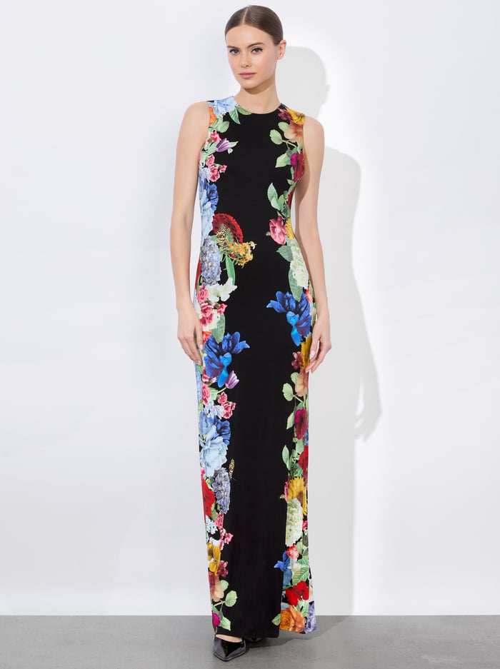 DELORA OPEN BACK MAXI DRESS - GARDEN BRUNCH BLACK - Alice And Olivia