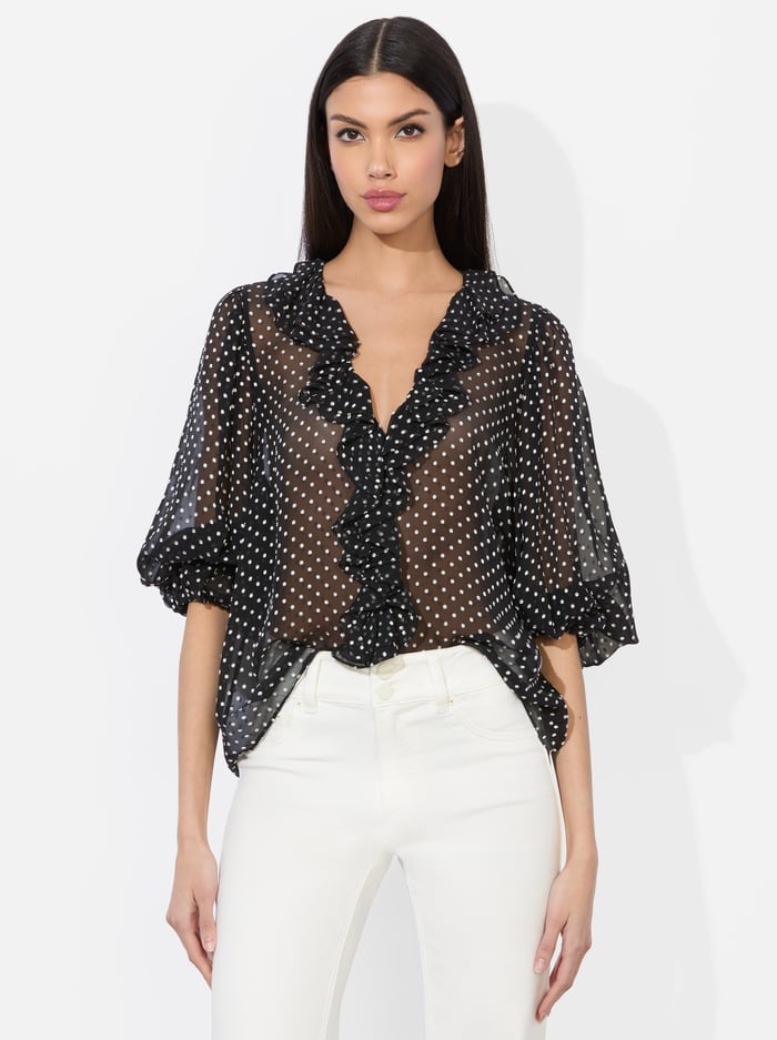 BETSIE RUFFLED BLOUSE - BLACK/OFF WHITE POLKA DOT - Alice And Olivia